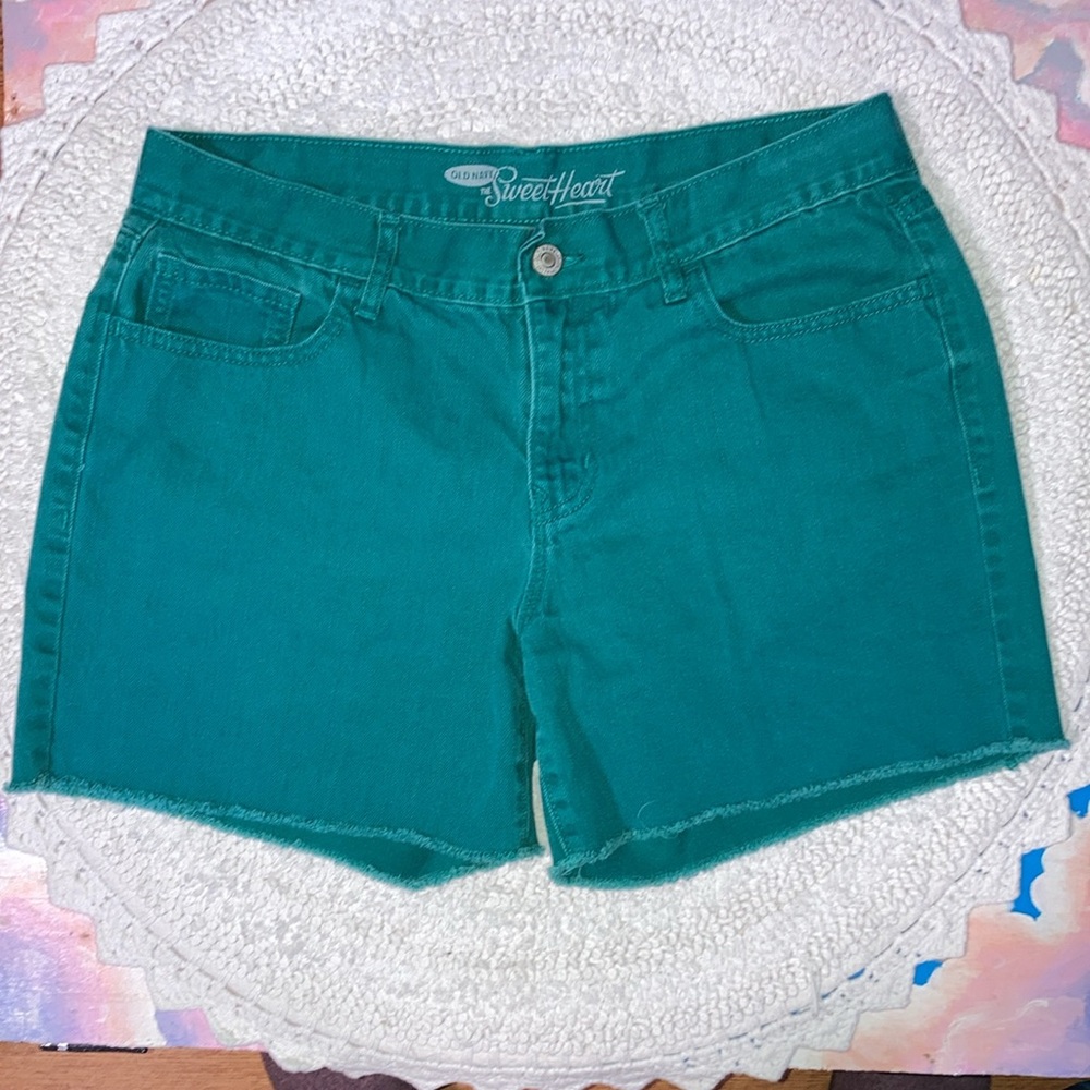 OLD NAVY size 8 sweetheart denim jean shorts raw hem fun green/blue hue 15035